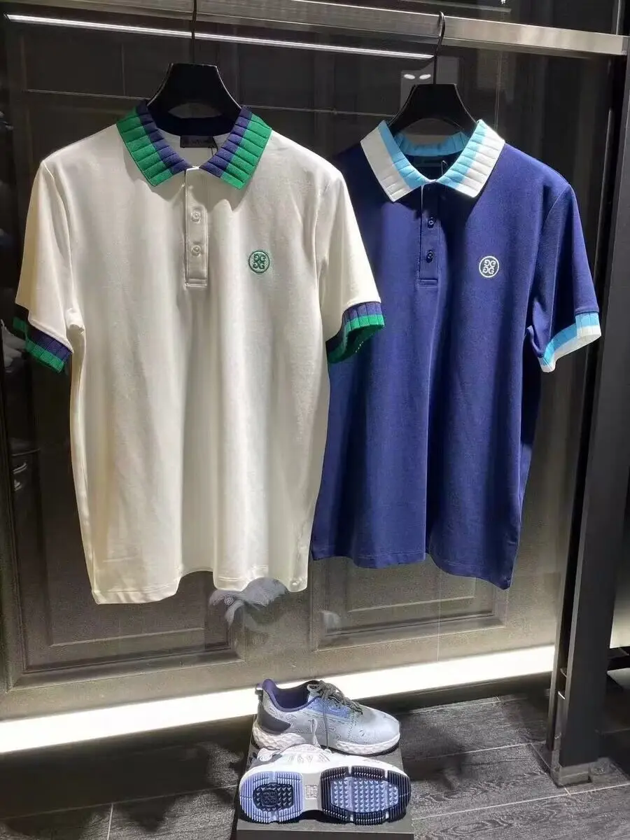 

Корейская одежда для гольфа весна/лето 23 Мужская быстросохнущая эластичная футболка с короткими рукавами и отложным воротником и полупуго...