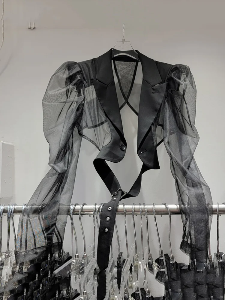 

Женская сетчатая прозрачная рубашка с длинным рукавом, Лоскутная тонкая бандажная блузка на одной пуговице, лето 2023, новые модные короткие блузы, топы Y470