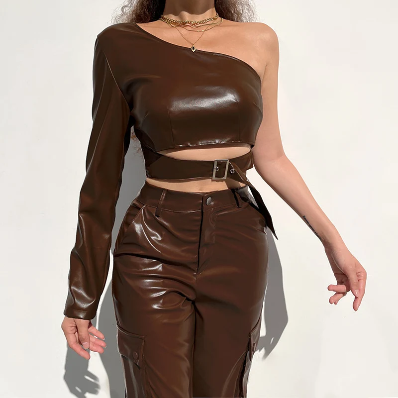 

Spring Fashion Slim Sexy Gothic One Shoulder Long Sleeve Asymmetrical Tee Shirt Women Skinny PU T-Shirt Girl Crop Top Harajuku