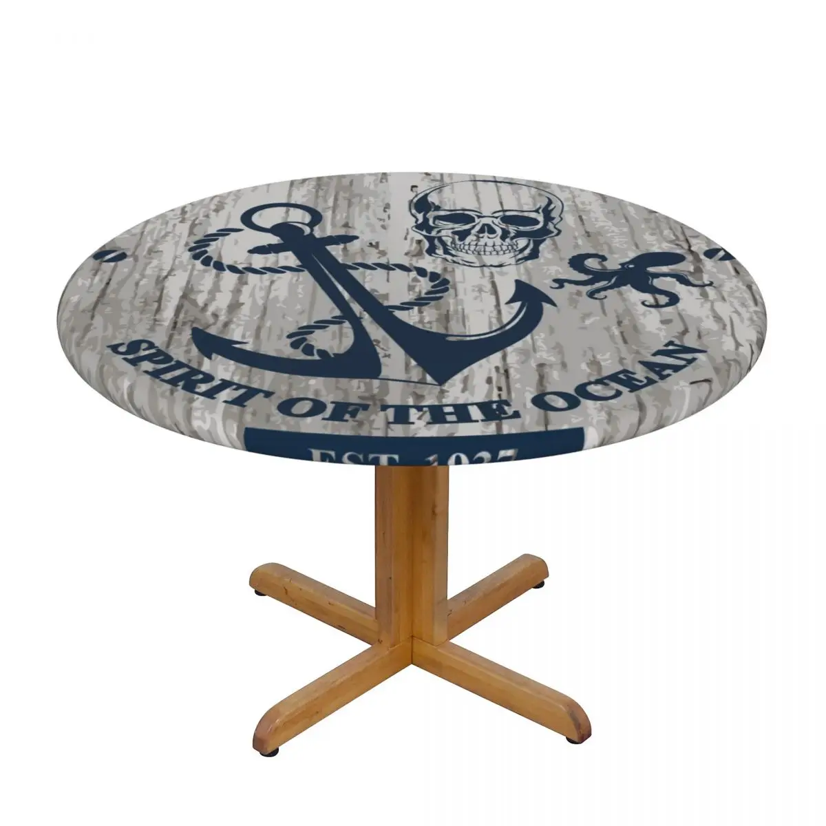 

Round Table Cover for Dining Table Elastic Tablecloth Nautical Marine Badge With Skull Fitted House Hotel Decoration