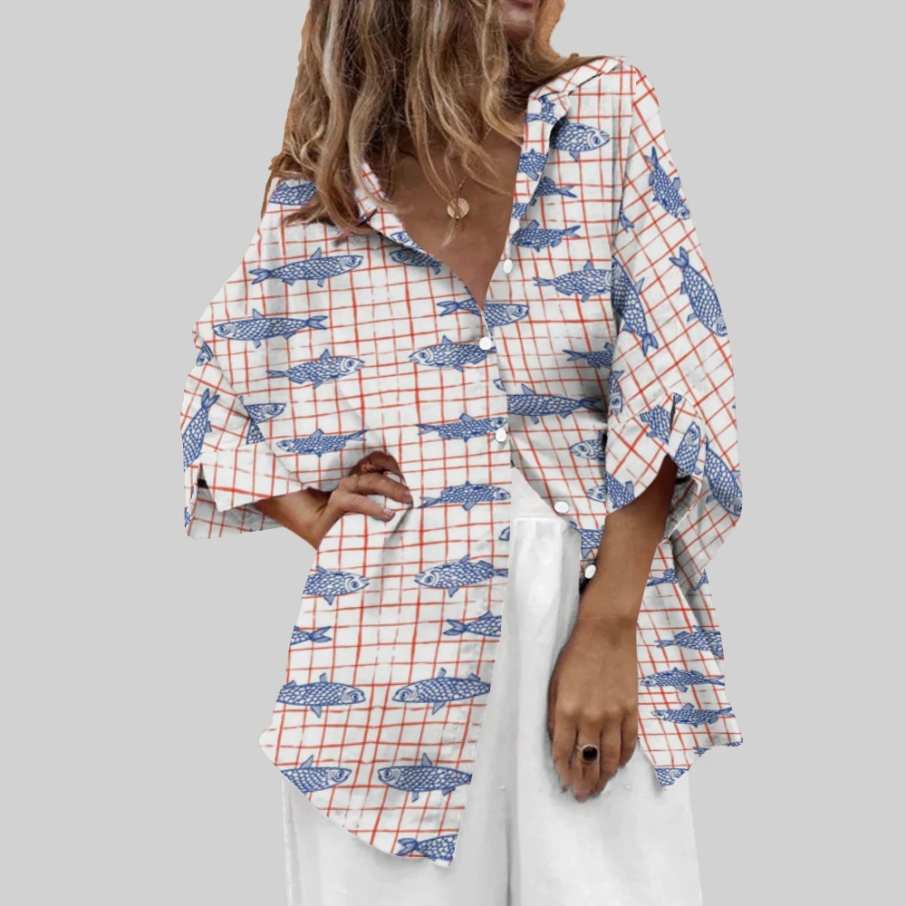 Рубашка в клетку с синим принтом рыбы летняя забавная рубашка Oceanic Vibe