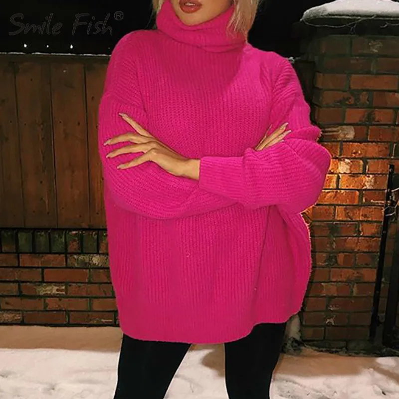 

Neon Turtleneck Loose Sweater Women Oversize Casual FashionPullovers Autumn Winter Long Sweater Dress Lime Neon Green GV969