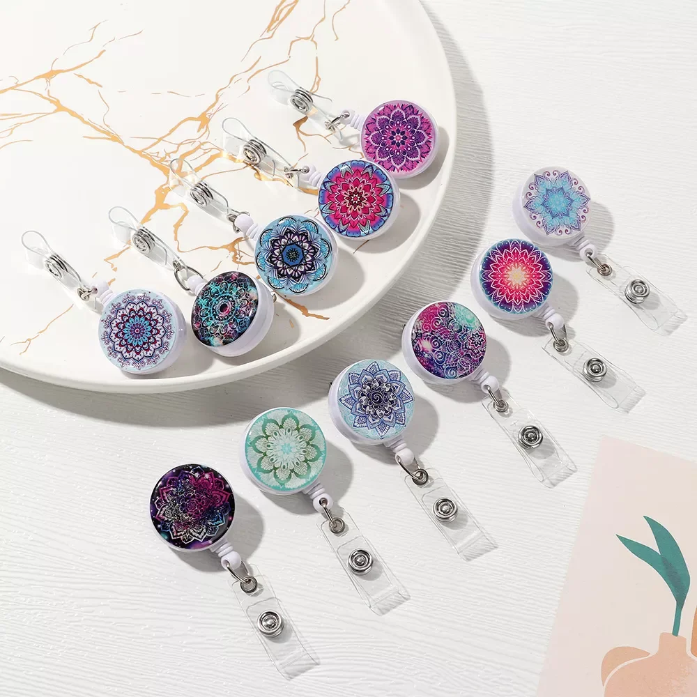 

1PC 360 Rotating Alligator Clip Retractable Keychain Colorful Flower Retractable Badge Reel Clip ID Card Badge Holder