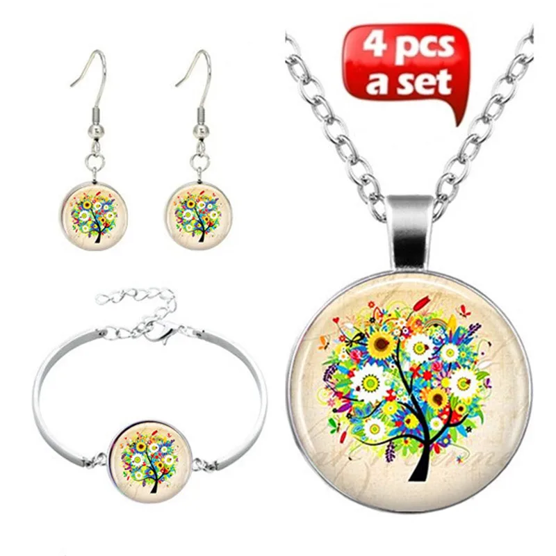 

LE Tree Of Life Cabochon Glass Pendant Necklace Bracelet Bangle Earrings Jewelry Set 4Pcs Women's Sweater Chain