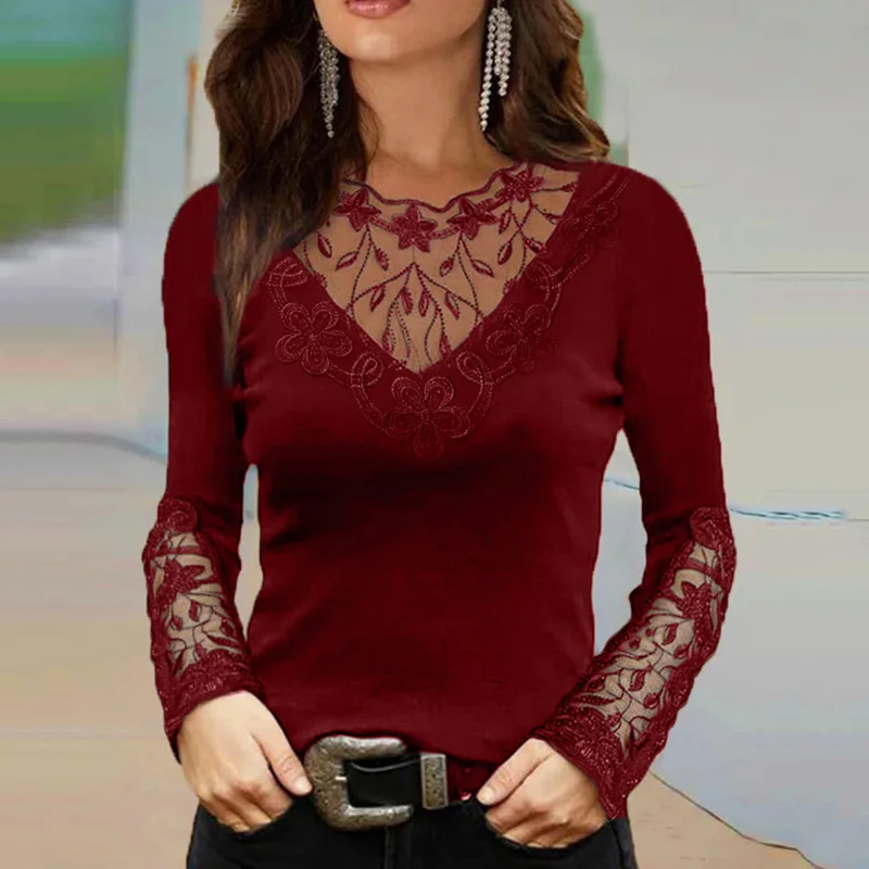 

2022 элегантная Офисная Женская рубашка с длинным рукавом Blusa Женская Сексуальная кружевная блузка с V-образным вырезом Модные прозрачные сет...