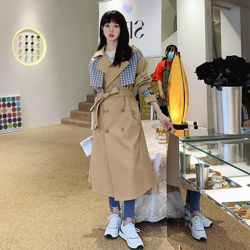 

Khaki Color 2022 Jacket Female Plaid Stitching Fashion Windbreaker Long Card Spring AutumnWomen's Coat High-end Popular Clothing