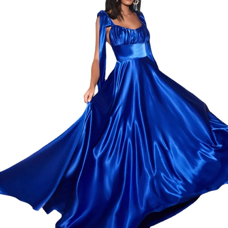 Simple Satin Prom Dress Floor length Sleeveless Fashion Lace up Sexy Backless Carpet Robe Fashion Bridesmaid Party Dresses