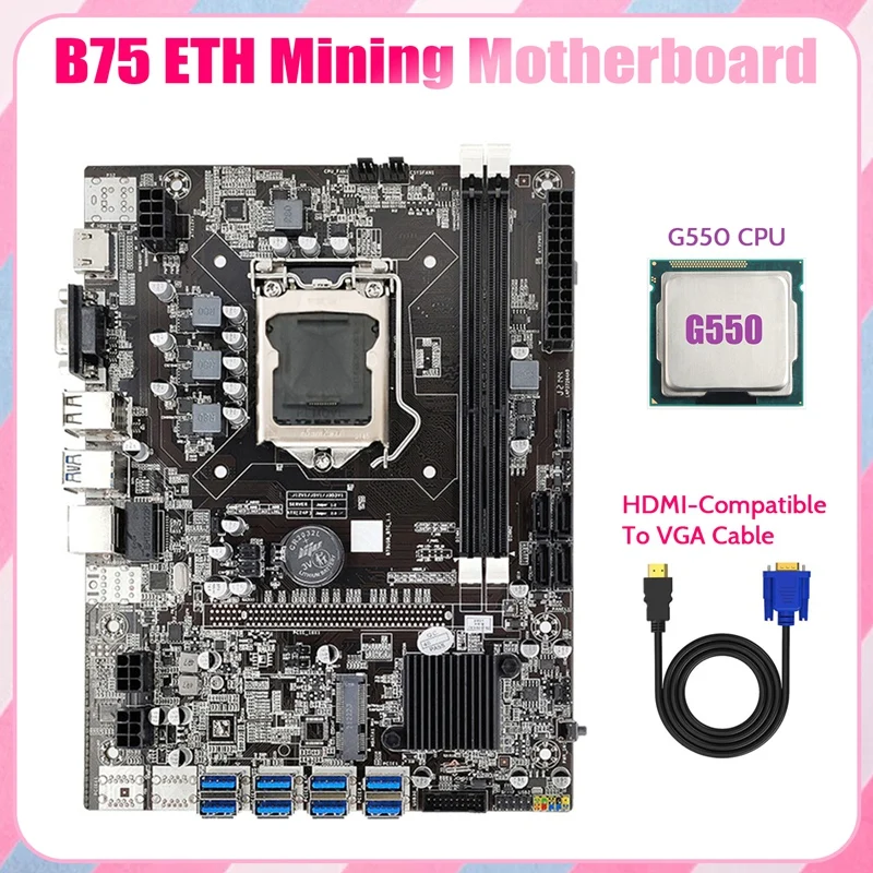 B75 ETH Mining Motherboard 8XPCIE USB Adapter+G550 CPU+HD To VGA Cable LGA1155 MSATA DDR3 B75 USB Miner Motherboard