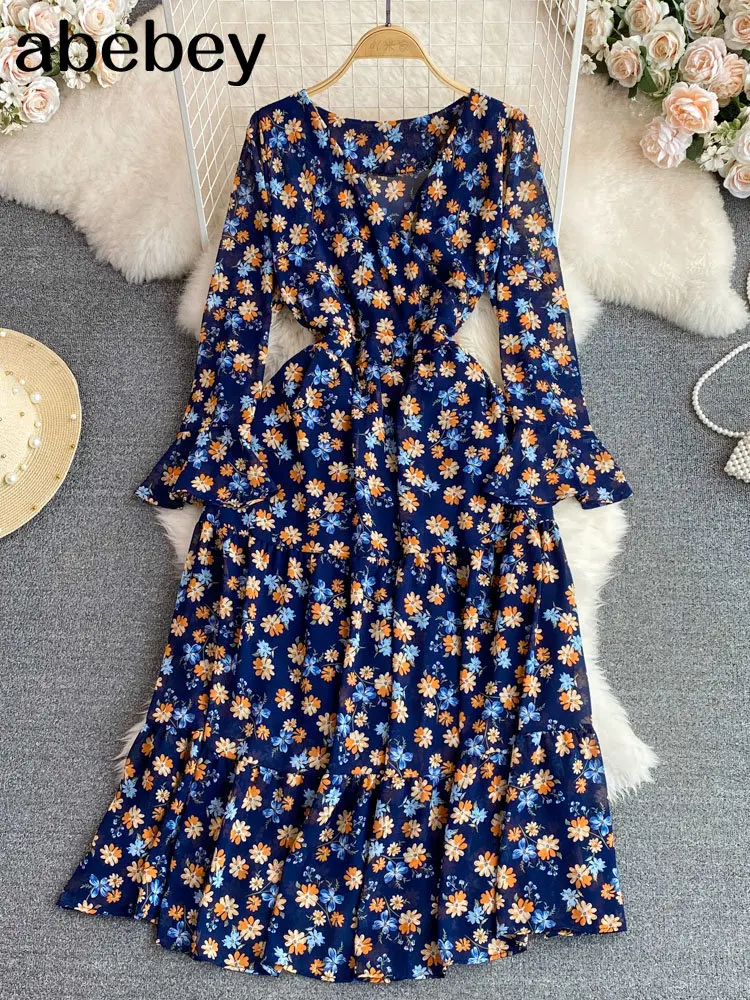 

2022 Elegant Women Floral Print V-neck Dresses Long Sleeve Hollow Out A-line Vestidos Autumn Slim Female Midi Dress