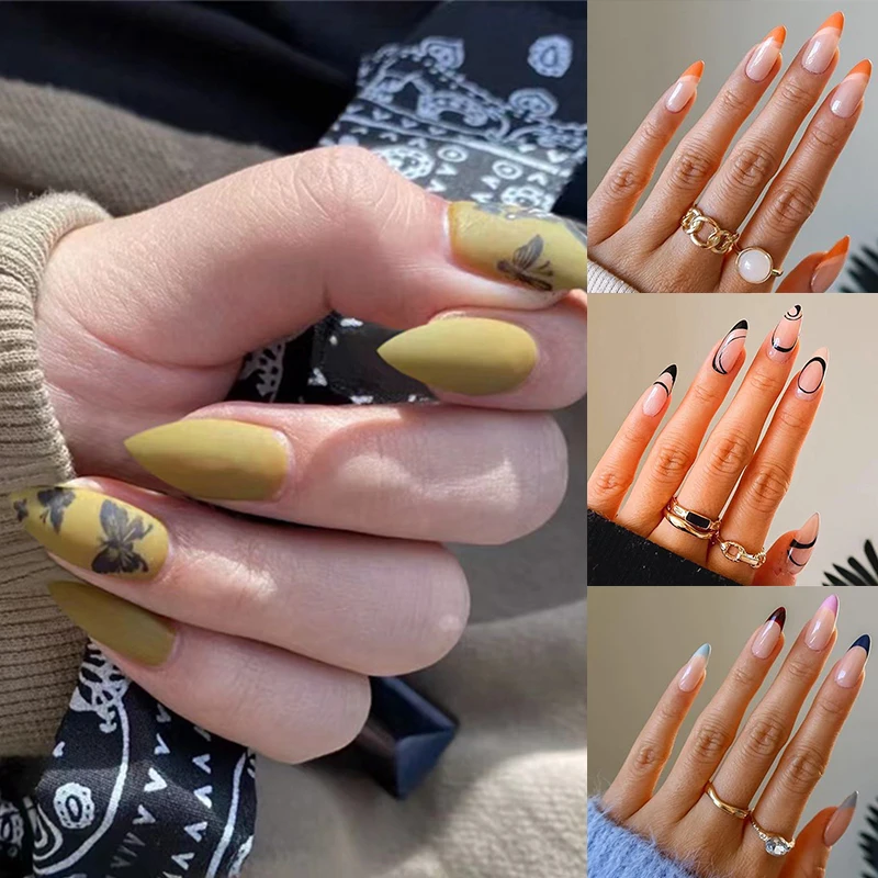 

24Pcs/Box Almond Round Wavy False Nails Detachable Stiletto Fake Nails Full Cover French Ballerina Nail Tips Elegant Butterfly