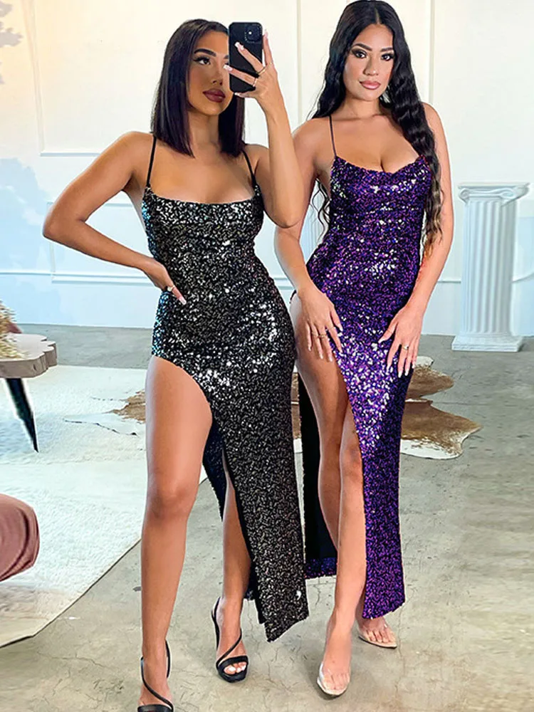 

Женское платье с Черными Блестками, длинное летнее платье с разрезом и открытой спиной, элегантные Клубные вечерние платья 2022