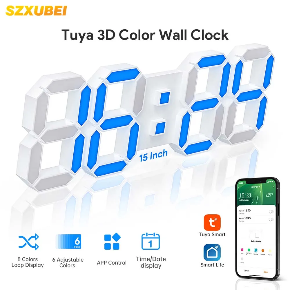 

Deeyaple 3D LED Digital Wall Clock With 8 Colors Display Smart Life Tuya APP Alarm Clock 15Inch Nordic Electronic Table Clock