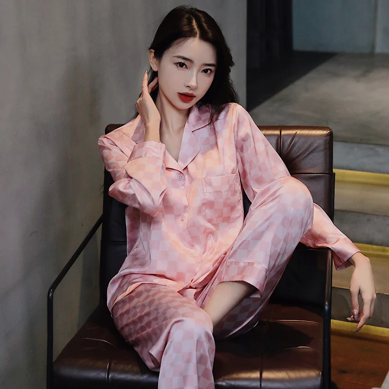 Long-sleeved Trousers Satin Plaid Couple Pajamas Women Men Summer Home Clothes Suit Sleepwear Women Loungewear Women
