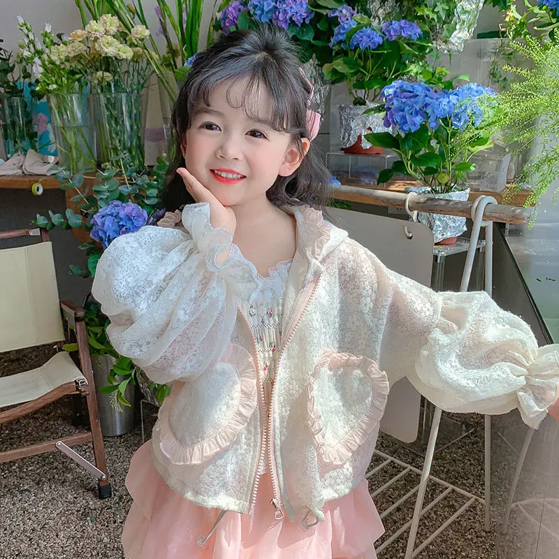 

Girls' Sun Protection 2023 New Western Style Summer Lace Hooded Long Sleeve Thin Children's Air Conditioning Room Clothing Coat