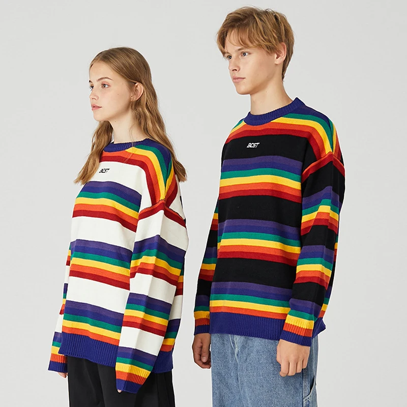 

Y2K Sweaters Female Korean Loose Rainbow Striped Sweater Women's Sweaters Japanese Kawaii Ulzzang Clothing Couple Wear