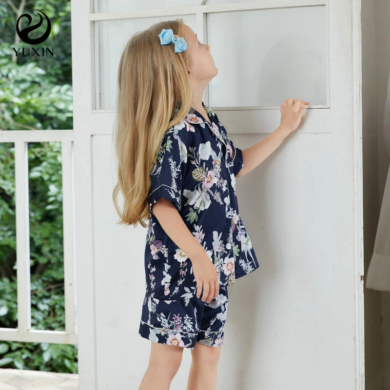 2022 Floral kids Pajamas Sets Silk Satin Flower Girl Pajama Short-sleeve Cardigan Set Fashion Ice Silk Home Clothing