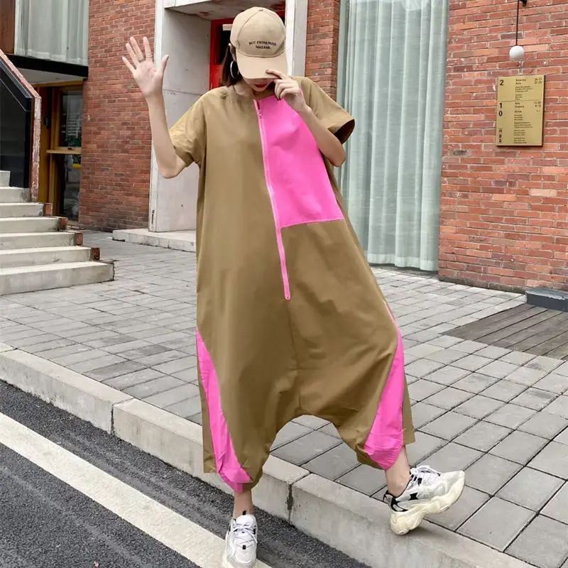 Trendy Hip-hop Style Western Style Women Jumpsuit Streetwear Loose Oversize Age-reducing Contrasting Colors Bodypants Summer