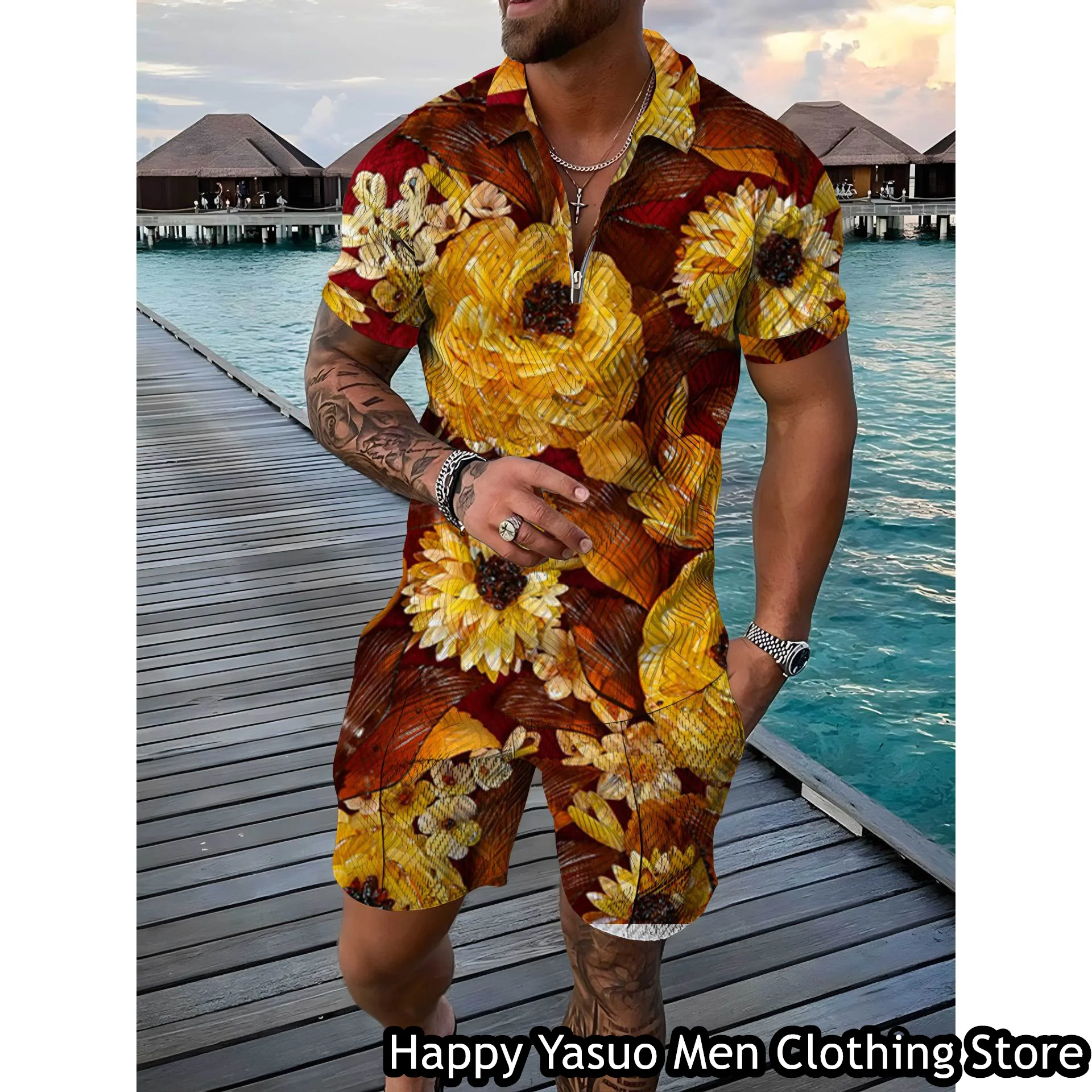 Summer Men Floral Printing Polo Shirt Shorts Man Turn Down collar Polo Set 2 Pieces Fashion Outfit Male Casual Vintage Clothing