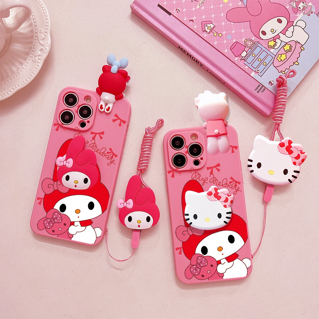 Kawaii Hello Kitty My Melody Soft Case Cover With Holder Rope For iPhone 16 15 14 13 12 Mini 11 Pro X XS Max XR 7 8 6 6S Plus SE