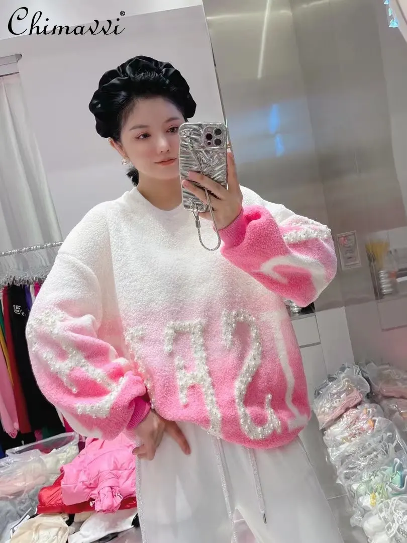 

Autumn and Winter New Heavy Industry Beads Letters Gradient Color Loose Hoody Women's Round Neck Long Sleeve Sweet Sweatshirts