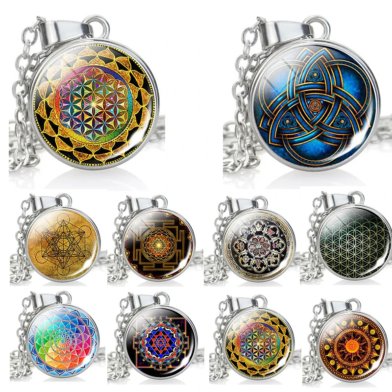 

Sri Yantra Mandala Pattern Glass Cabochon Pendant Necklace Buddhist Sacred Geometry Silver Chain Necklace Spiritual Jewelry