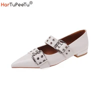 elegant pointed toe mary janes shoes woman beige heeled flats 2022 autumn female large size 40 buckle office party zapatos mujer