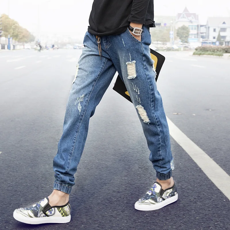 

Men's Jeans Spring Summer 2022 New Korean Slim Casual Pants Fashion Elastic Waist Harem Hip Hop Ripped Jeans Men
