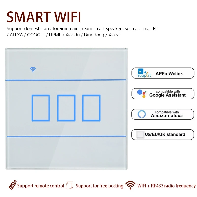 

WiFi Smart Switch With RF Function Smart Home APP 86 Model Panel Switch 90-250V 2000W work with Alexa and Google Home