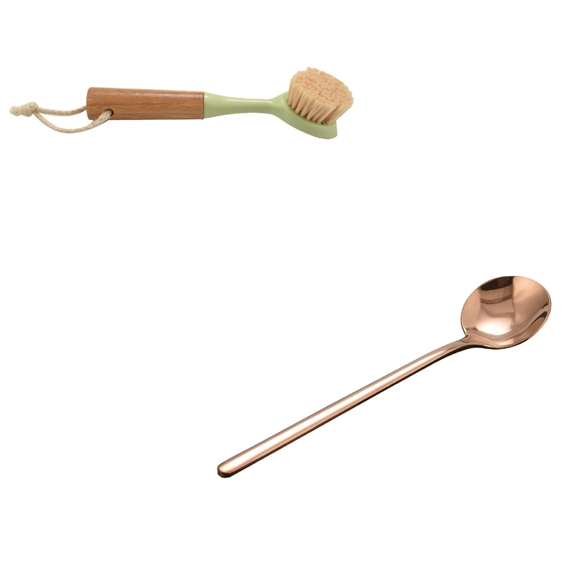 

1 Pcs 304 Stainless Steel Coffee Spoon With Long Handle & 1 Pcs Natural Bamboo Dish Brush Hand Brush
