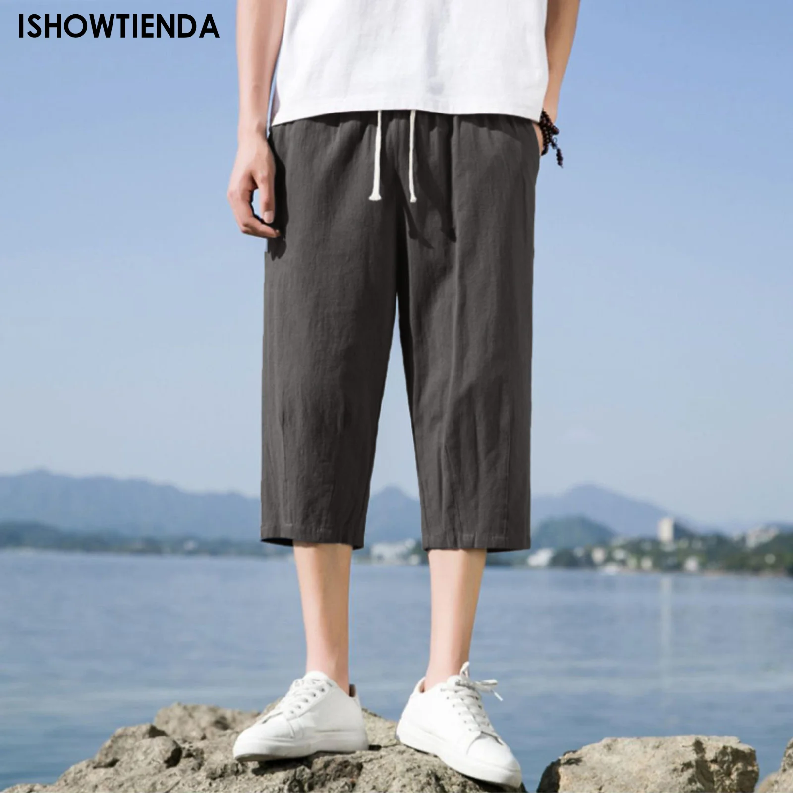 

Harem Beach Shorts Cotton Linen Capri Pants Mens Cargo Trouser Casual Elastic Waist Linen Baggy Drawstring Pocket Loose Shorts