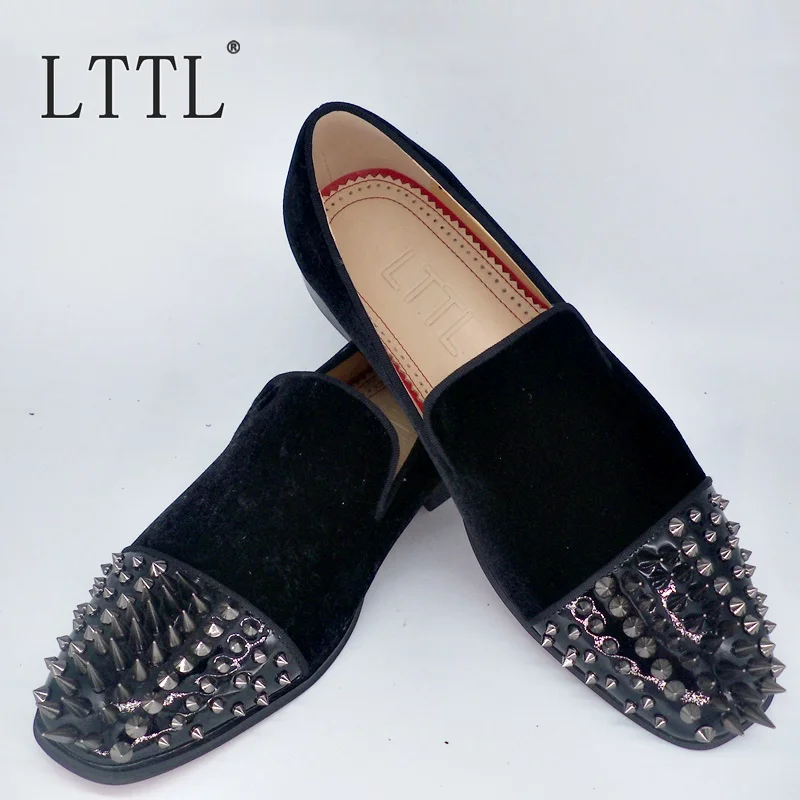 

LTTL High Quality Fashion Black Men Velvet Shoes With Patent Leather Rivets Toecap Men's Casual Loafers Man Smoking Slippers