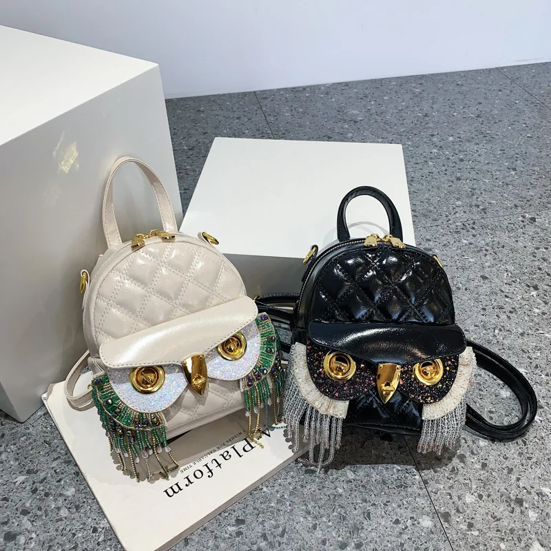 

Owl Backpacks for Women 2022 New Leather Fashion Small Female Travel Bag Diamond Lattice Tassel Cute Cartoon Student Tote Bag