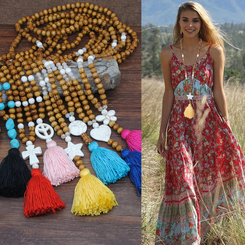 Bohemian Vintage Turquoise Pendant Wooden Beads Crystal Beaded Long Sweater Chain Color Line Tassel Hang Necklace Women Gift