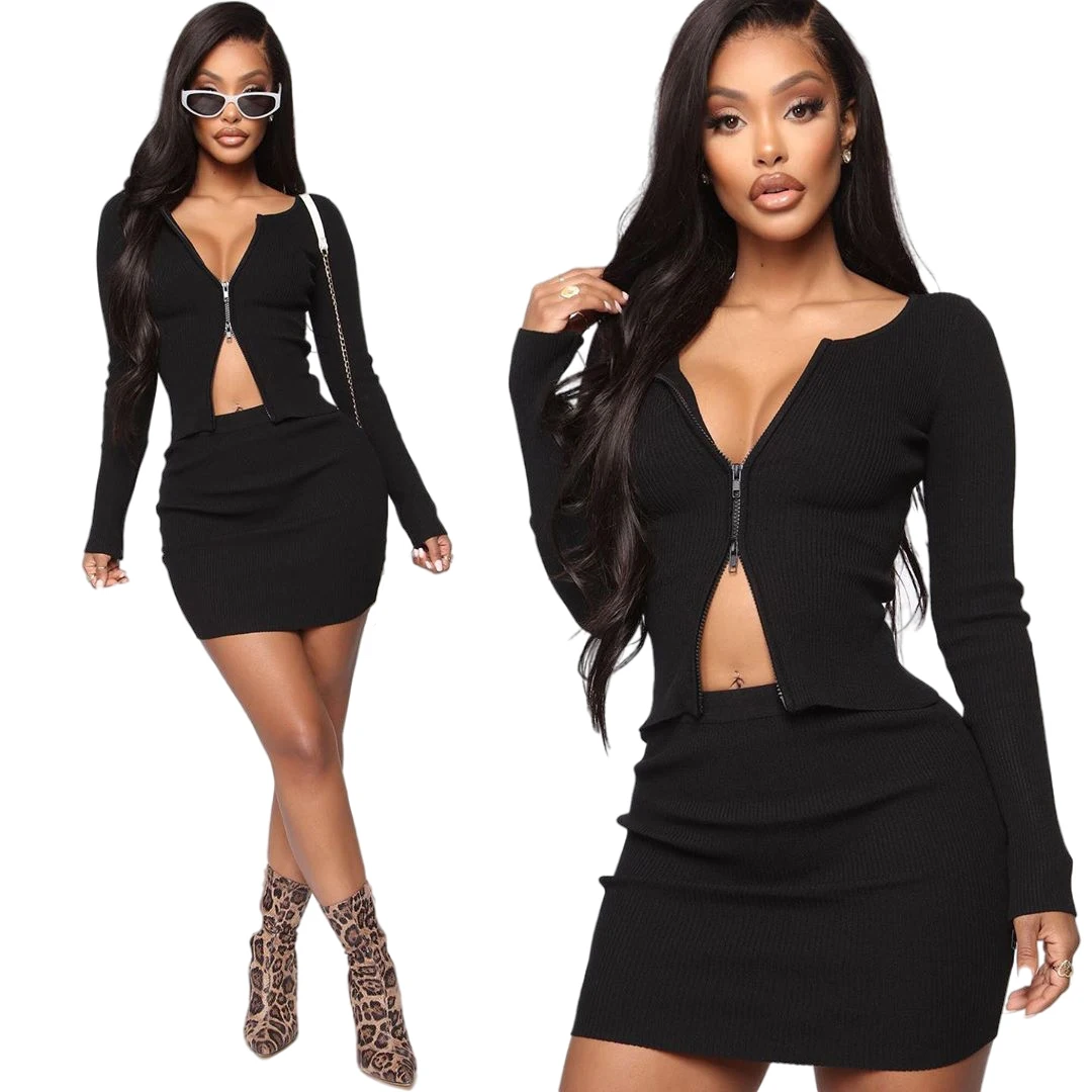 

Women Ribbed Crop Knit Long Sleeve 2 Piece Sexy Zipper Open Front Crop Tops and Solid Close-fitting Skirt Set Woman Casual Club