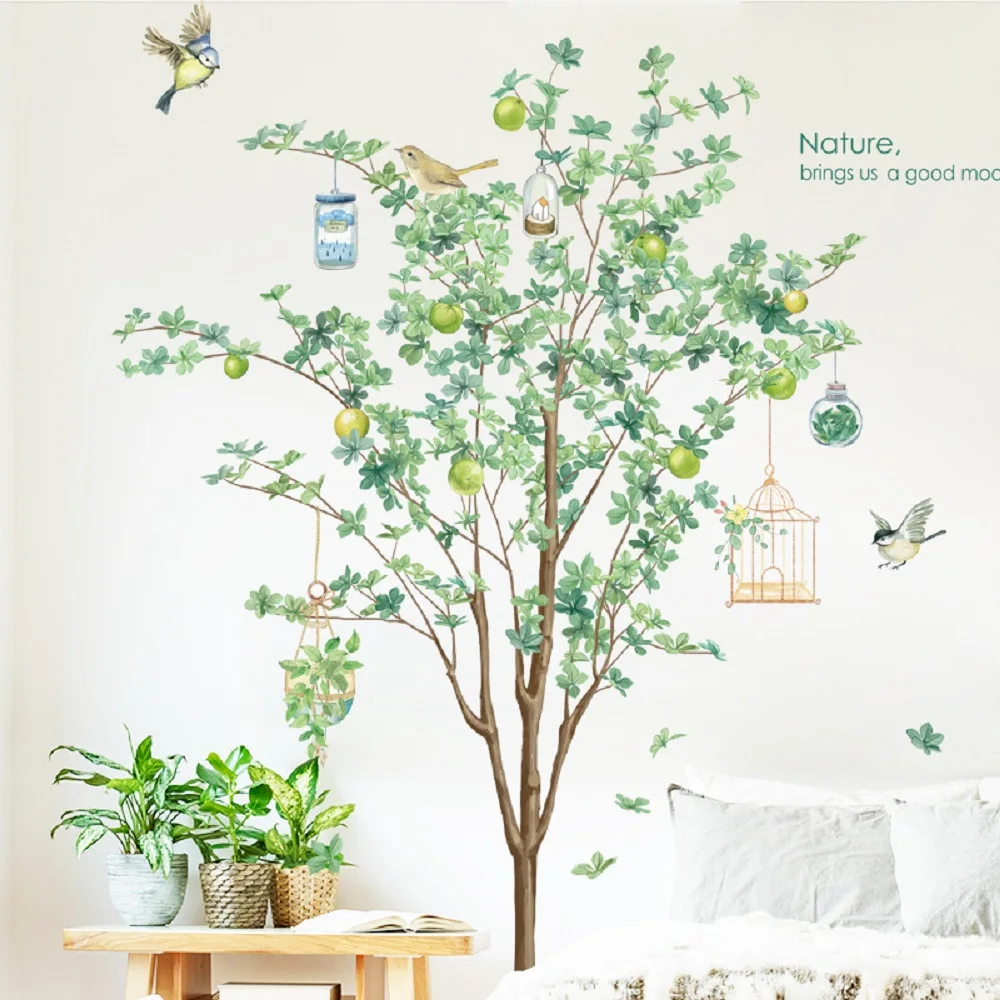 Big Tree Birch Wall Stickers Green Leaves Wall Decals Living Room Bedroom Birds Home Decor Poster Mural PVC Room Decoration