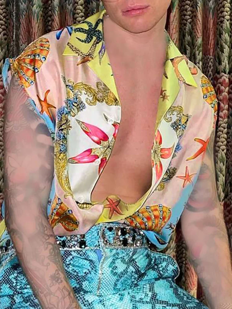 

Мужская пляжная рубашка с короткими рукавами, Повседневная однобортная футболка с отложным воротником, принтом в гавайском стиле, лето 2022