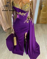 luxury purple mermaid evening dress beaded crystal diamond formal dresses pleats side slit birthday party nigeria vestido de
