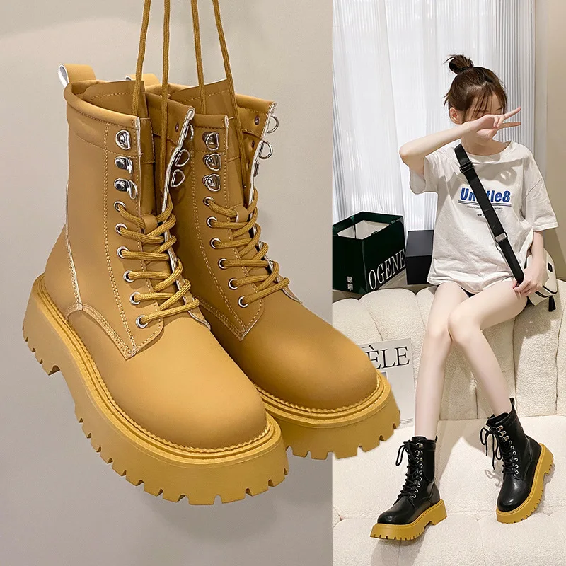 

Black Punk Ankle Thick-soled Motorcycle Ankle Boots Women's Lace-up Spring Thick Heel Shoes Lace Up Martin Boots Botas De Mujer