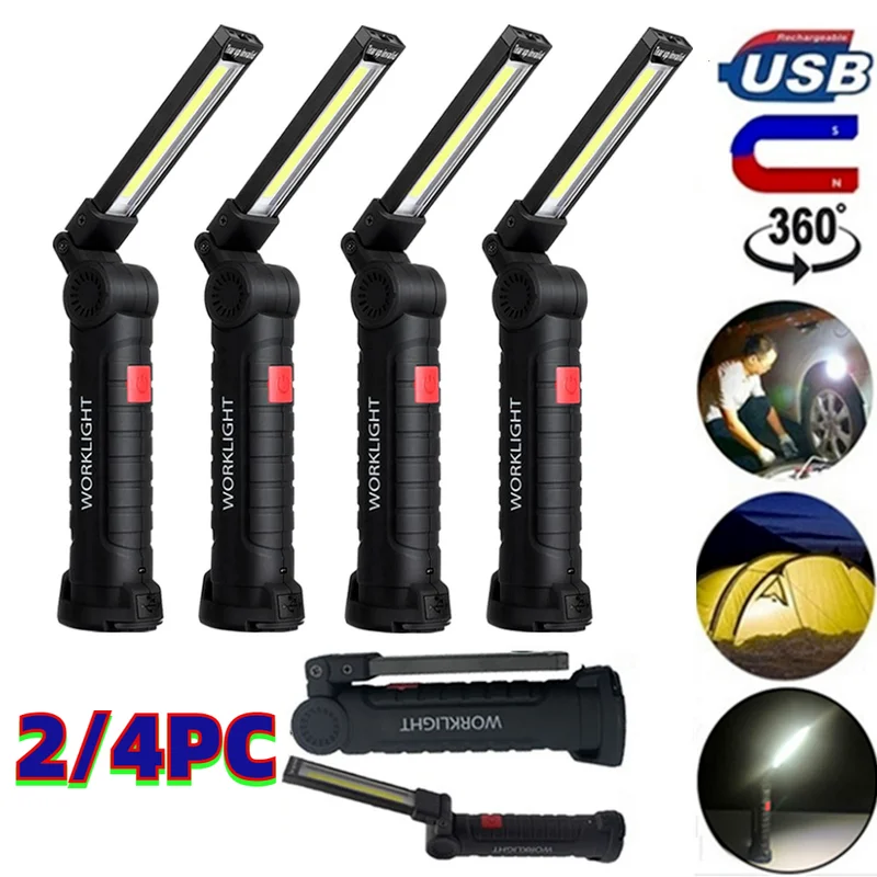 

2/4Pcs COB LED Magnetic Folding Hook Work Light Portable Multifunctional USB Cable Big Size 5 Modes Working Flashlight
