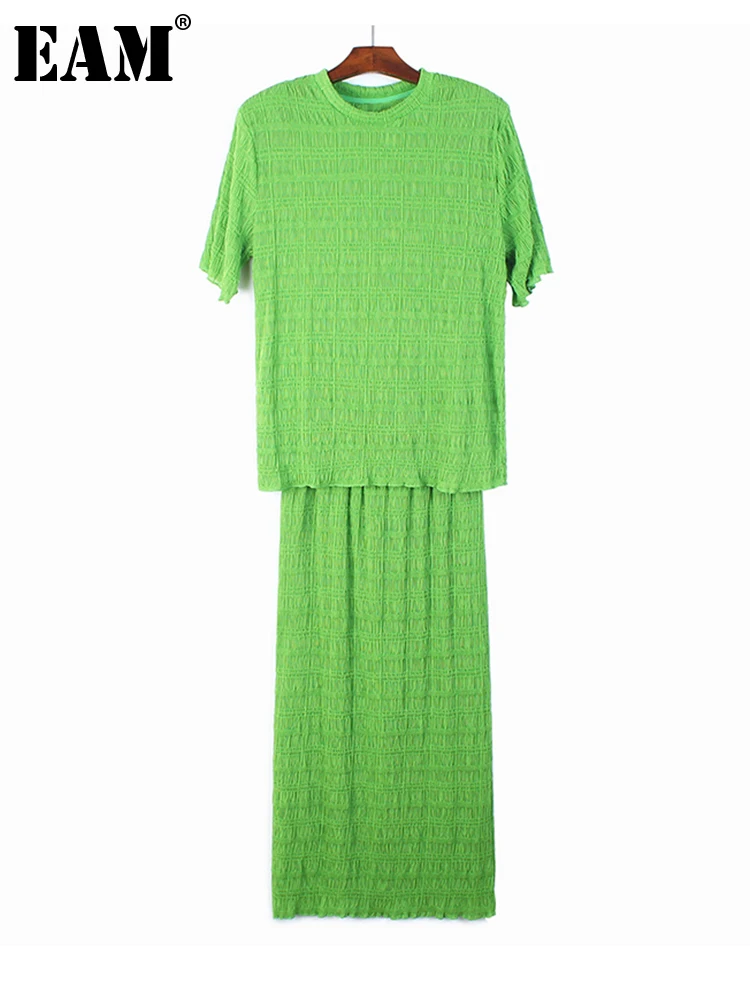 

[EAM] Half-body Skirt Pleated Big Size Two Pieces Suit New Round Neck Short Sleeve Women Fashion Spring Summer 2022 1DE9774