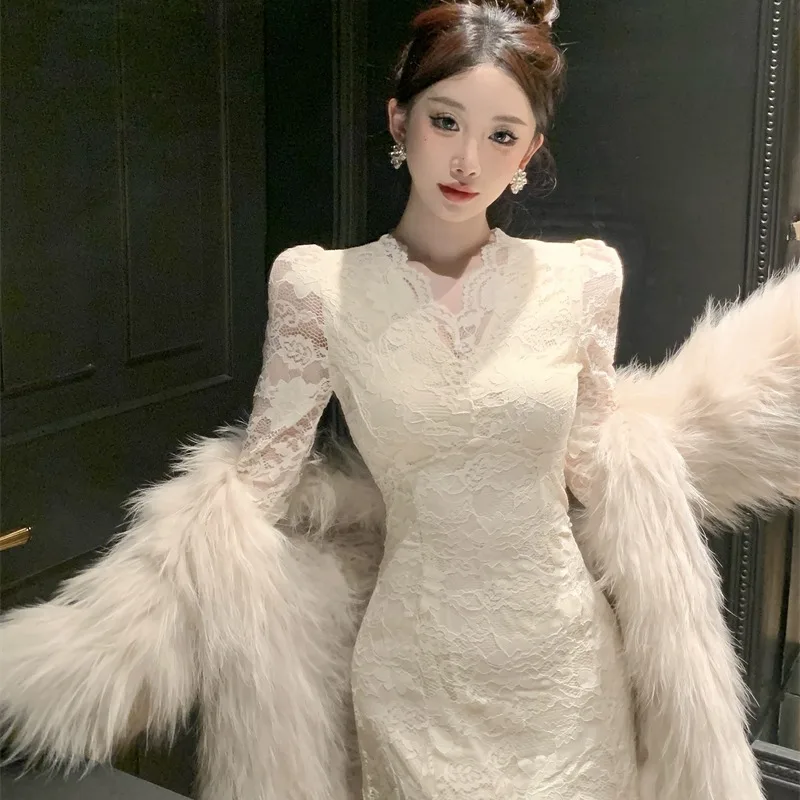 Женская одежда 2024 осень и зима новинка во французском стиле кружево в ретро с