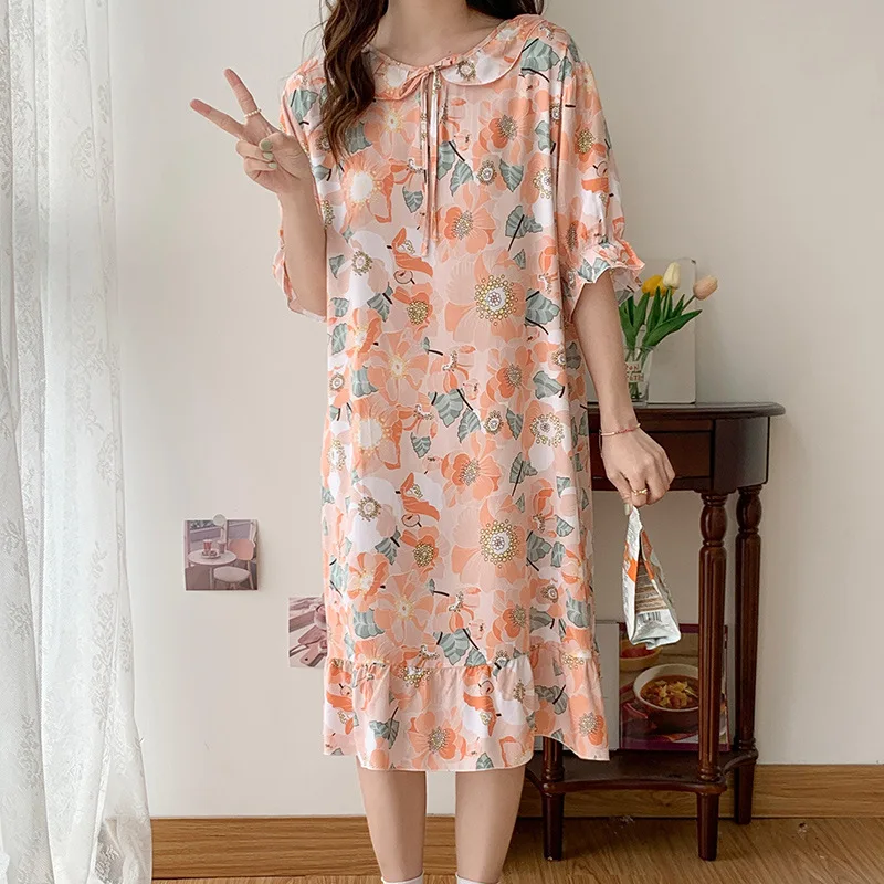 New Mid Sleeved Summer Pajama Dresses For Women Thin Style Round-Neck Printing Princess Girl Nightgown Can Be Worn Externally