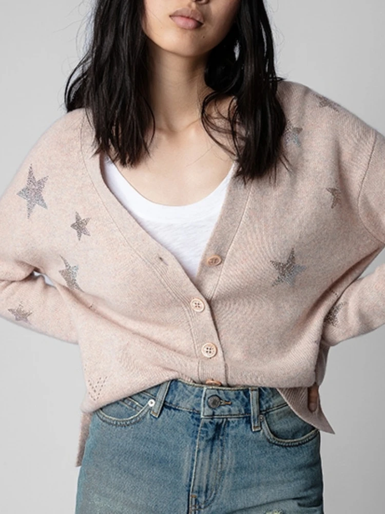 Женский кардиган с V-образным вырезом розовый кашемировый вязаный свитер