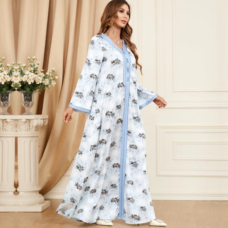 2023 Spring Summer Muslim Women V-neck Long Sleeve Polyester Printing Green Light Blue Long Dress Muslim Fashion Abaya