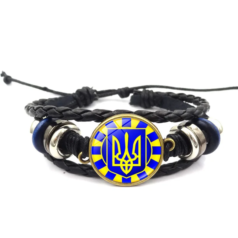 

Tryzub Handmade Leather Bracelet Ukraine Flag Trident Symbols Glass Bracelets Fashion Jewelry Gift YP8888