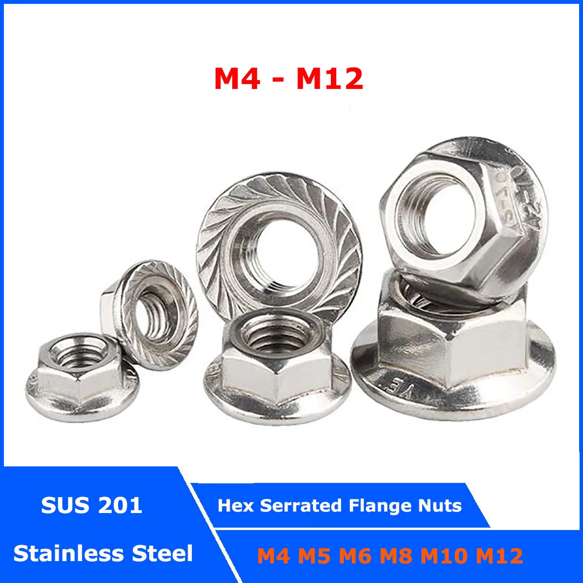 

Hexagon Flange Nuts SUS201 Stainless Steel M4 M5 M6 M8 M10 M12 Pinking Slip Locking Nut DIN6923 Serrated Spinlock