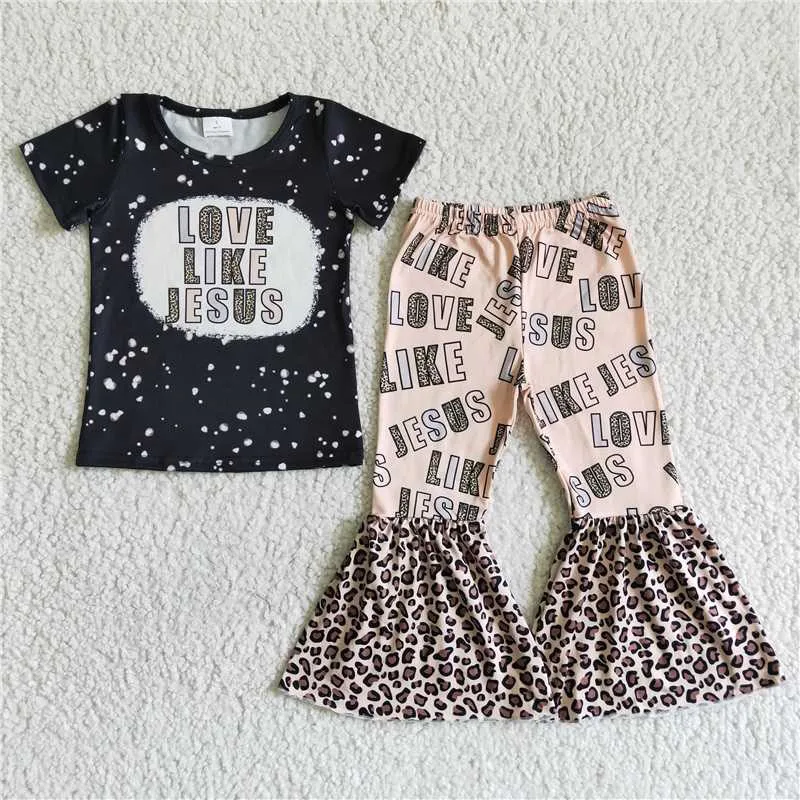 

New Spring Summer Kids Girl popular letters print leopard Flare Pants wholesale Western Design boutique Outfits