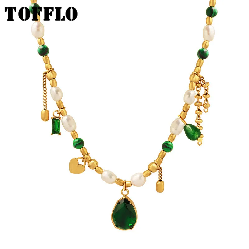 

TOFFLO Stainless Steel Jewelry Turquoise Freshwater Pearl Splice Pendant Necklace Women's Elegant Clavicle Chain BSP1219