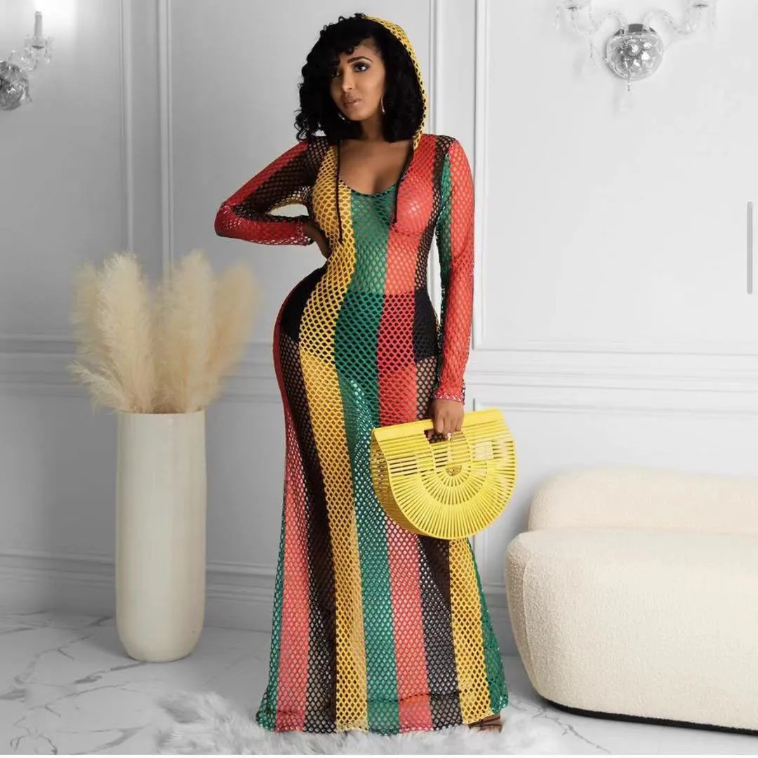 

2022 Summer Beach Long Maxi Dress New Popular Casual Style Women Dress Striped Hollow Out V-Neck Long Sleeve Maxi Dress Vestidos