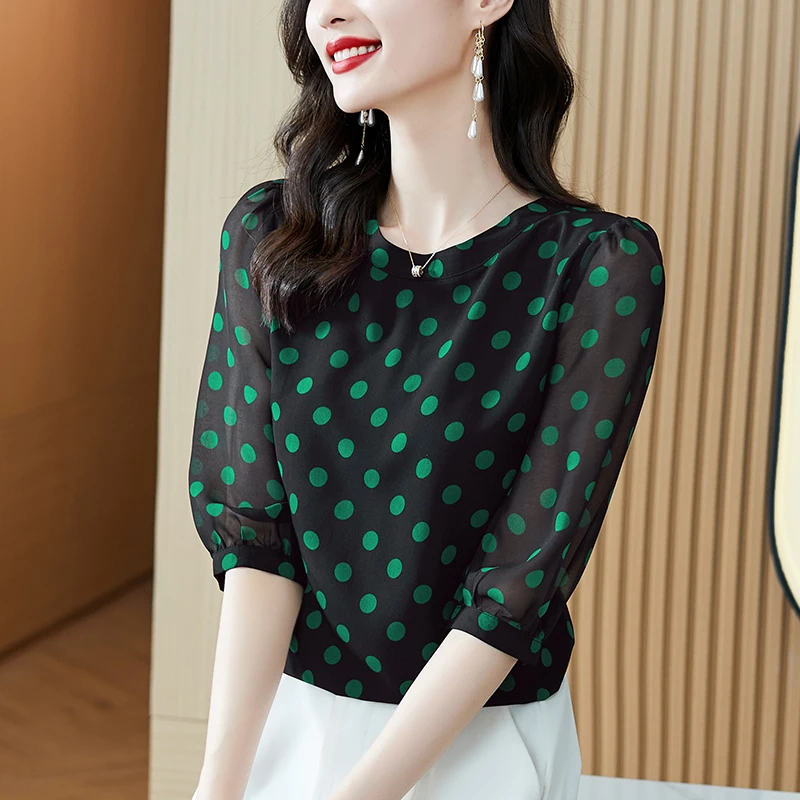 

Pullover Straight O-Neck Casual Polka Dot Office Ladies Tops Chiffon Three Quarter Sleeve Korean Fashion Casual Thin Blouses